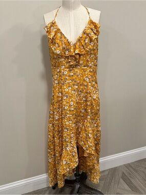SHEIN Yellow V-neck Halter Floral Ruffle Midi Dress Size Large